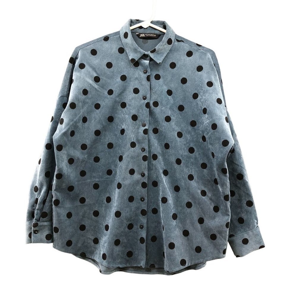 Zara Corduroy Shacket Womens XS Oversized Blue Polka Dot Shirt Jacket